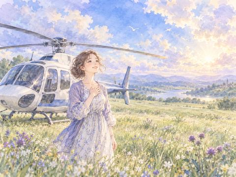 草原に不時着したヘリコプターのそばで安堵する女性