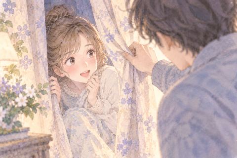 隠れ場所で見つかり驚く大人の女性