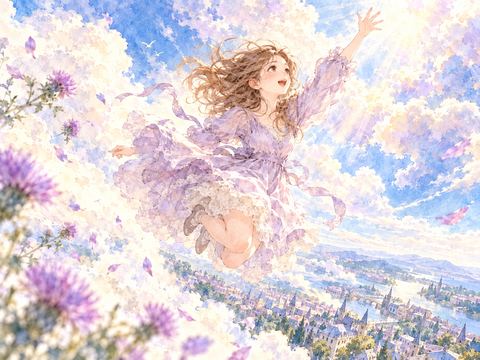 雲に手が届きそうな高さまでジャンプして街を見下ろす女性
