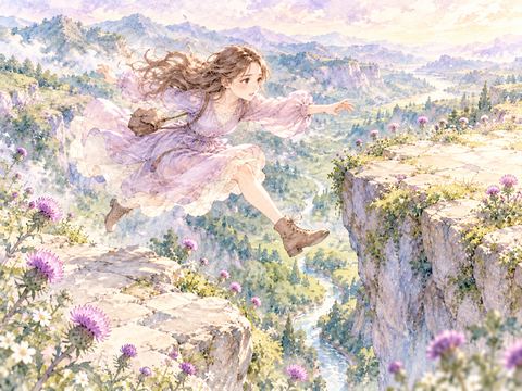 離れた二つの足場の間をジャンプして渡る女性