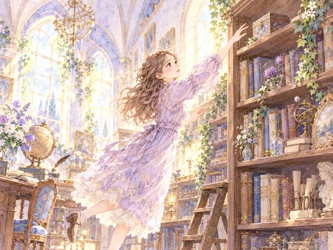 高い棚の上の小箱へジャンプして手を伸ばす女性