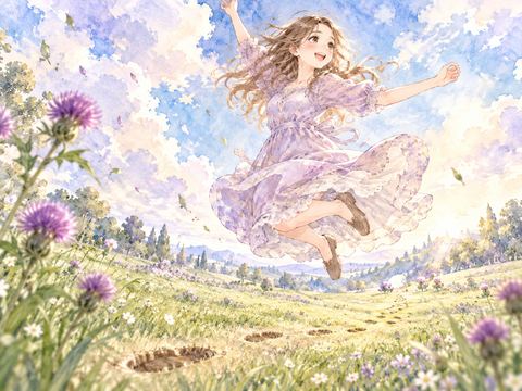 芝生の広場で何度も高くジャンプする女性