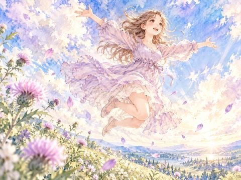 青空へ高くジャンプして楽しそうに笑う女性