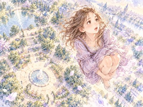 高くジャンプした空中で足元を見て怖がる女性