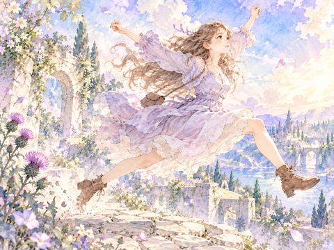地面を強く蹴って勢いよく斜め上へジャンプする女性