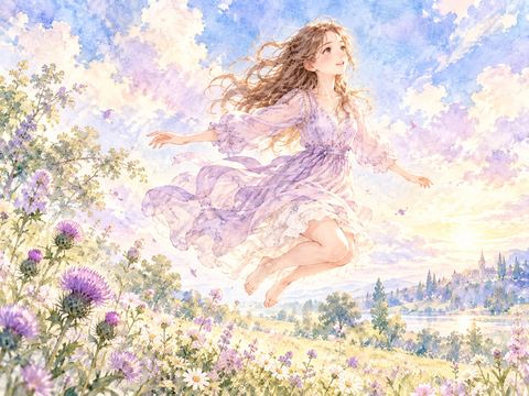 草原から軽くジャンプして風に浮かぶように微笑む女性