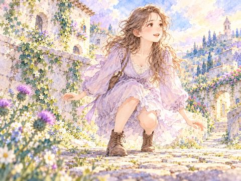 高いジャンプのあと両足で地面に着地して笑顔を見せる女性