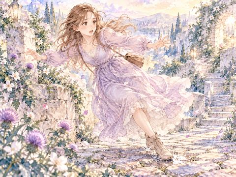 ジャンプ後の着地で足を滑らせバランスを崩す女性