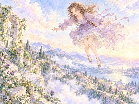 ジャンプしたまま空中に留まり地面を見下ろして困る女性