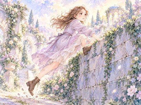高い石壁をジャンプで飛び越えようとする女性