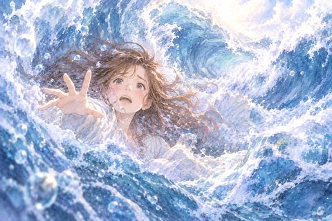 高波に包まれる大人の女性