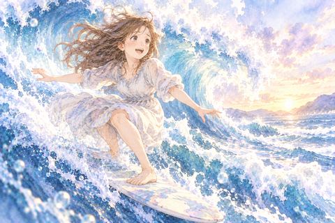大きな波に乗って進む大人の女性