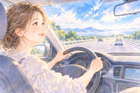 見通しのよい高速道路を落ち着いて運転する大人の女性