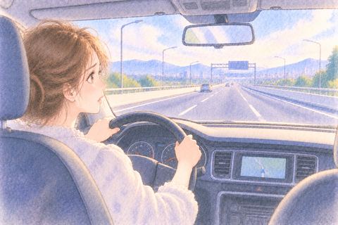 出口の見えない高速道路を走り続けて困惑する大人の女性