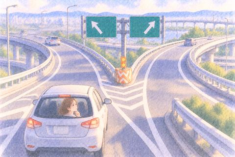 高速道路の複雑な分岐で進む方向に迷う大人の女性