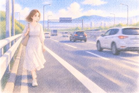 車が走る高速道路を一人で歩く大人の女性