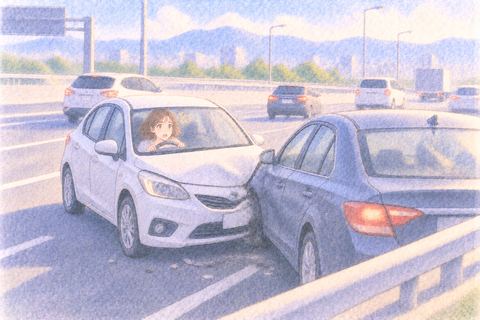 高速道路で車同士が衝突し驚く大人の女性