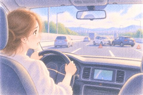 高速道路で前方の車の事故を目撃して驚く大人の女性