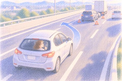 高速道路で前方の障害物を避けてほっとする大人の女性