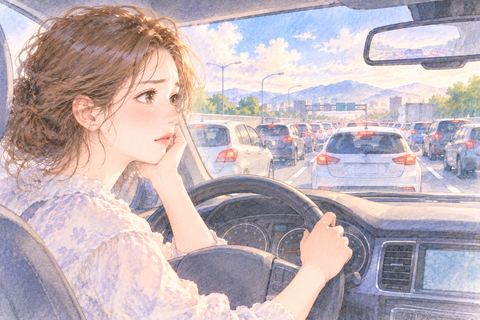 高速道路の長い渋滞を前に困った表情をする大人の女性