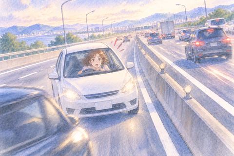 高速道路を逆走していることに気づき驚く大人の女性