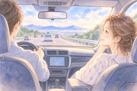 誰かが運転する車の助手席で景色を眺める大人の女性