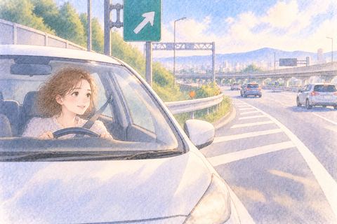 高速道路の入口から加速車線へ進む車と大人の女性