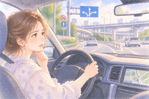 高速道路の入口が見つからず車内で戸惑う大人の女性