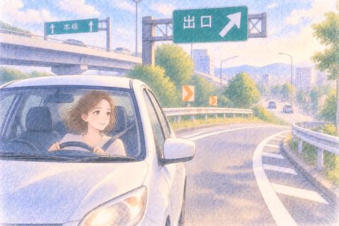 高速道路の出口から車で降りてほっとする大人の女性