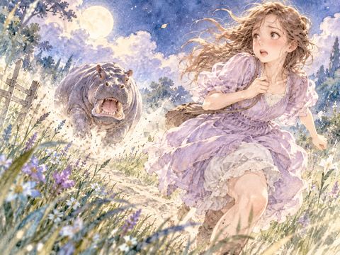 大きなカバに追いかけられて草地を走る女性