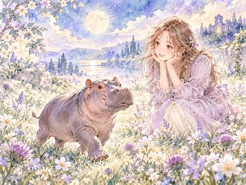 草地を堂々と歩く小さなカバを見守る女性