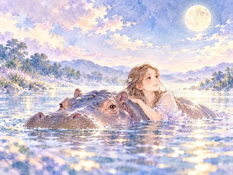 澄んだ川を気持ちよさそうに進むカバ