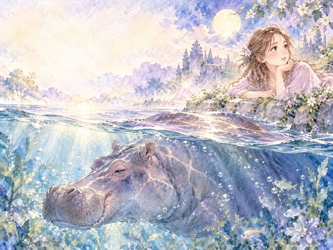 静かな水面の下へゆっくり潜っていくカバ