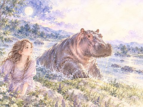 川から岸辺へ力強く上がるカバ