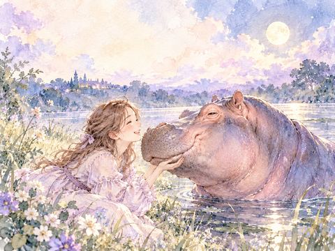 穏やかなカバと水辺で楽しそうに遊ぶ女性