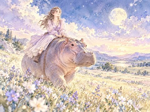 大きなカバの背中に乗って進む女性