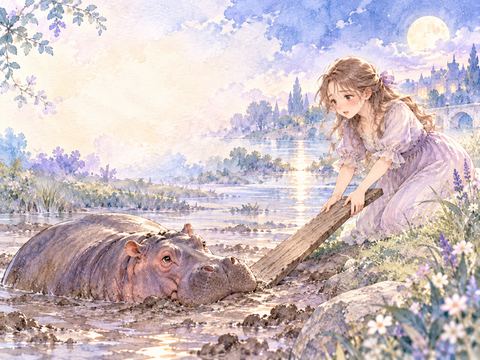 浅い泥場で動けないカバを助けようとする女性