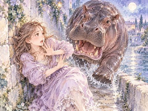 突進してくるカバから身を守ろうとする女性