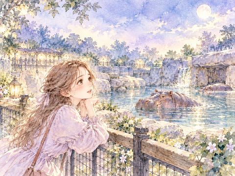 動物園の柵越しにカバを眺める女性