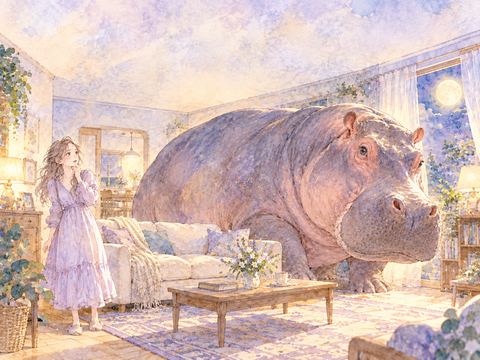 自宅のリビングにいる大きなカバに戸惑う女性
