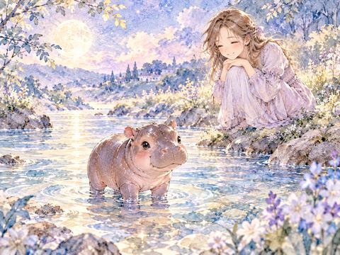 水辺に立つ赤ちゃんカバを優しく眺める女性