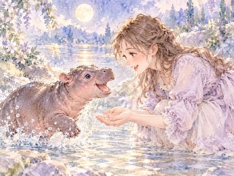 赤ちゃんカバと水辺で楽しそうに遊ぶ女性