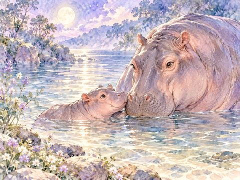 浅瀬で寄り添う母カバと赤ちゃんカバ