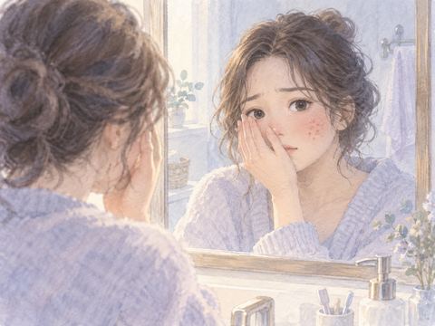 鏡に映る頬の赤い蕁麻疹を見て片手で顔を隠す女性