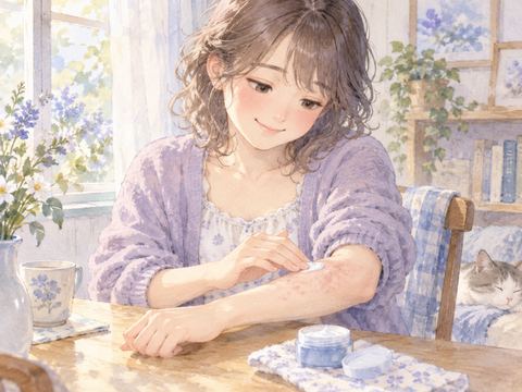 腕の蕁麻疹に軟膏を塗り回復を感じて微笑む女性