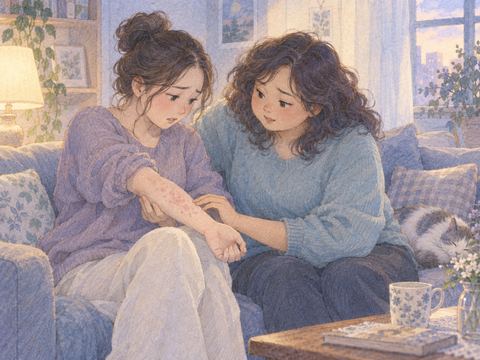 友人の腕にできた赤い蕁麻疹を心配して寄り添う女性