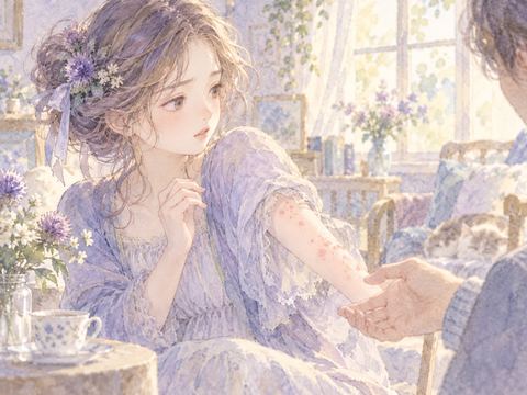 腕に赤い蕁麻疹が出て差し伸べた手をためらって引く女性