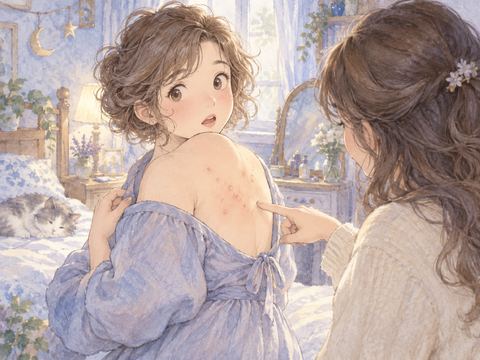 背中の赤い蕁麻疹を友人に指摘され驚いて振り返る女性