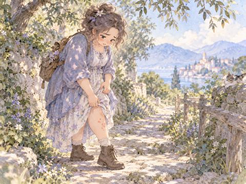 すねに赤い蕁麻疹が出て道の途中で立ち止まる女性