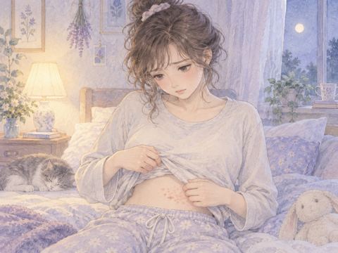 服を少し持ち上げおなかの赤い蕁麻疹を心配そうに見る女性